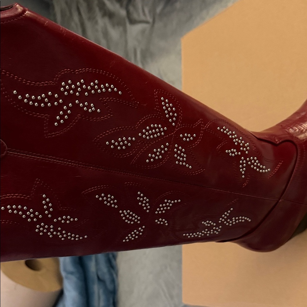 JustFab Burgundy Heeled Boots with Embellishments - Picture 8 of 11